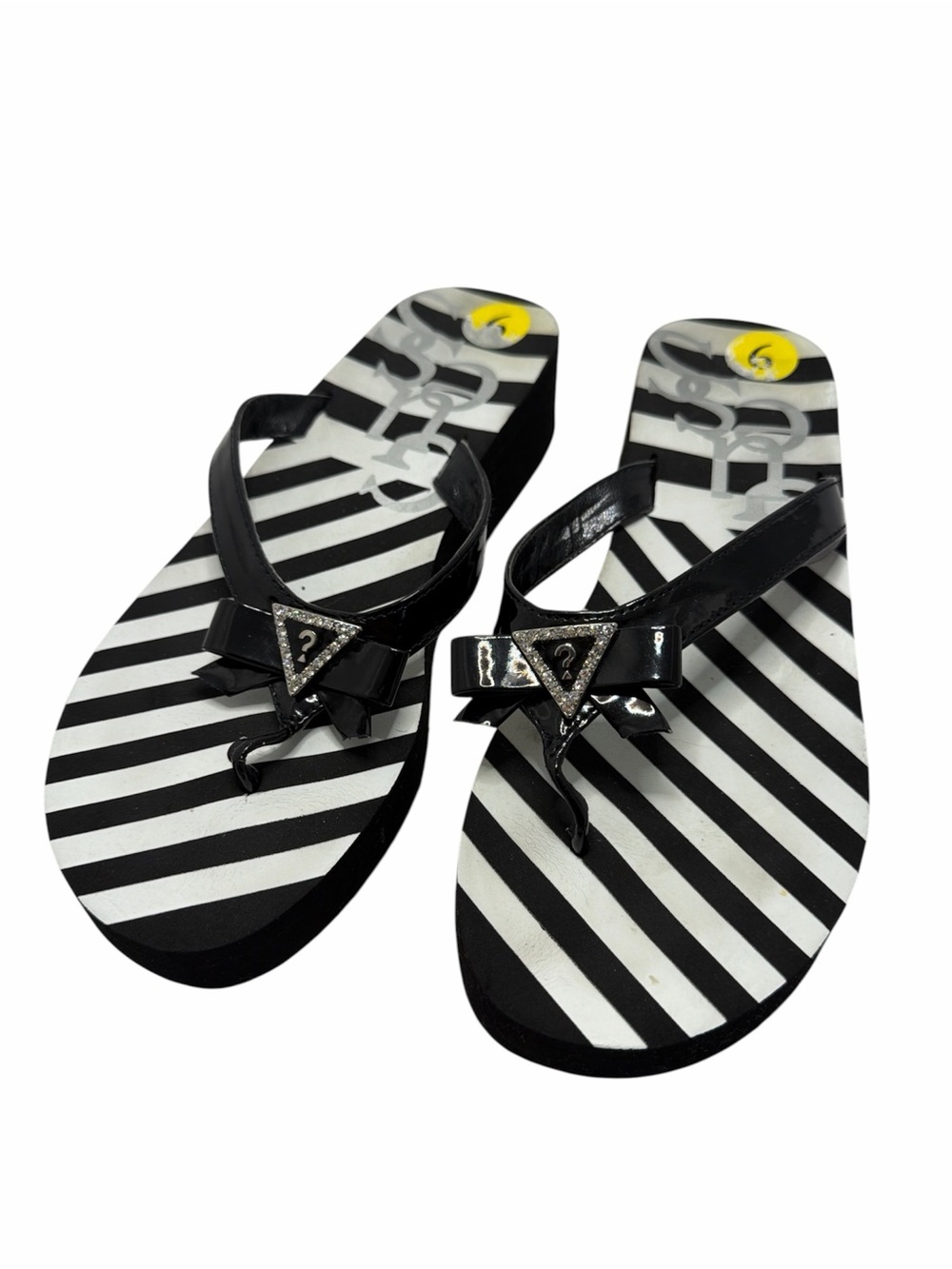 GUESS Black White Striped Rhinestone Logo Thong Sandals Flip Flops Women Size 9